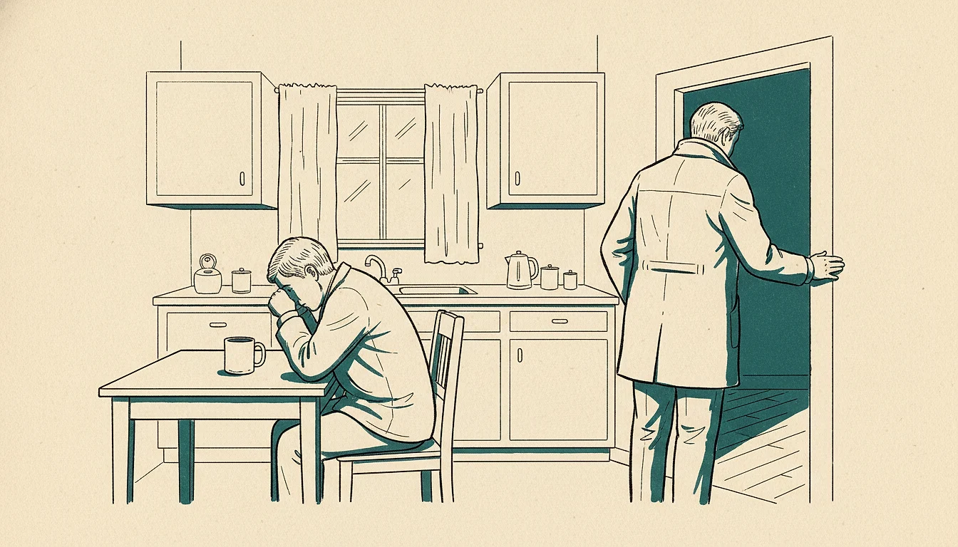 An ink-line drawing of two adults in a kitchen: one stands in the doorway already wearing a coat, half turned away; the other stays at the table, head down over a mug.